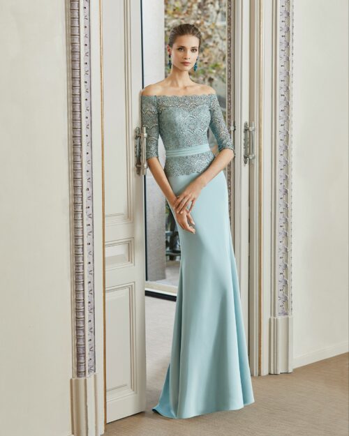 Vestido fiesta en crepe color verde agua Couture Marfil